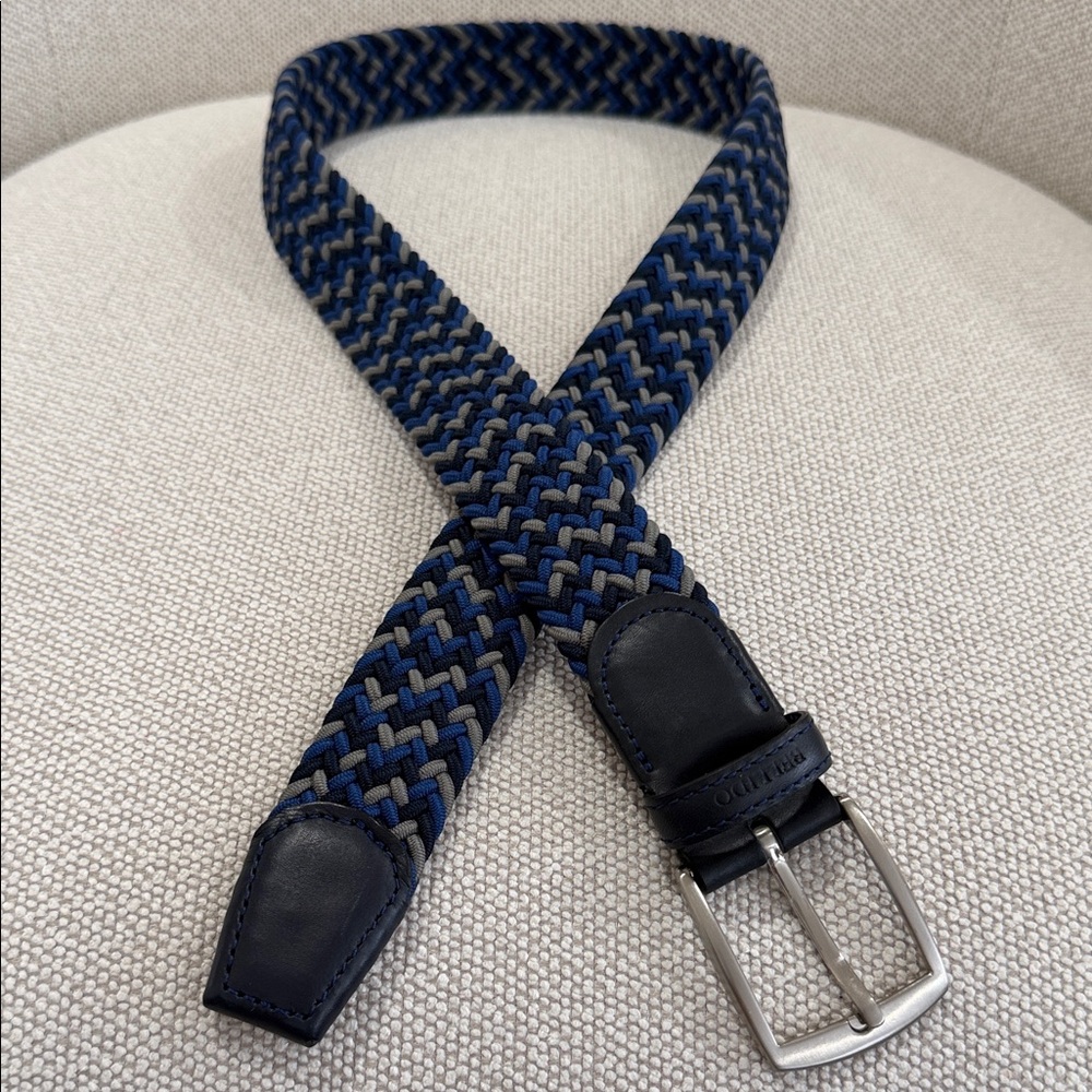 Braided Elastic Belt in Navy and Gray with Black Leather Trim
